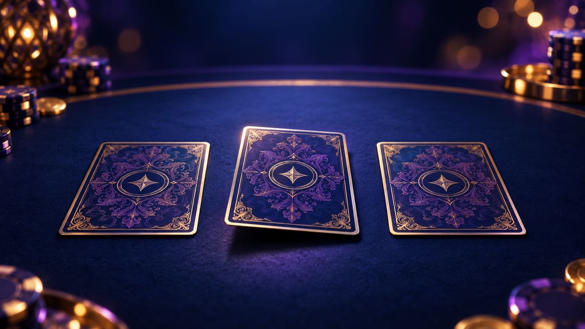 Tre mystiske, dekorerte spillekort på et opplyst casinobord